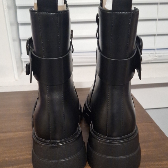 Black Rugged Sole Chunky Ankle Moto Boots with Buckle - Picture 4 of 9